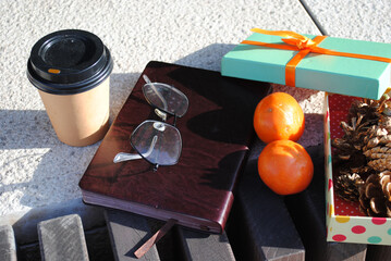 Sunny morning and a quick breakfast outside. Fruit and coffee.