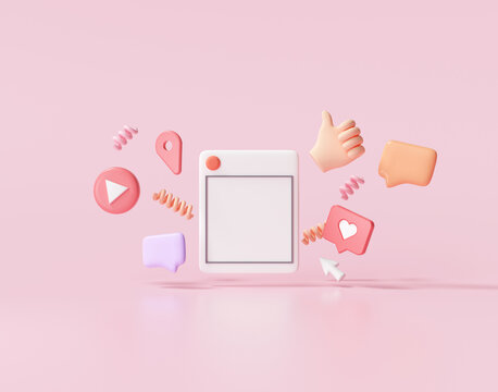 3D Render Social Media With Photo Frame, Like Button And Geometric Shapes On Pink Background Illustration.