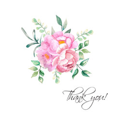 atercolor illustration. Bouquet of pink peonies with greenery. Flora element for cards, invitations, design, etc.