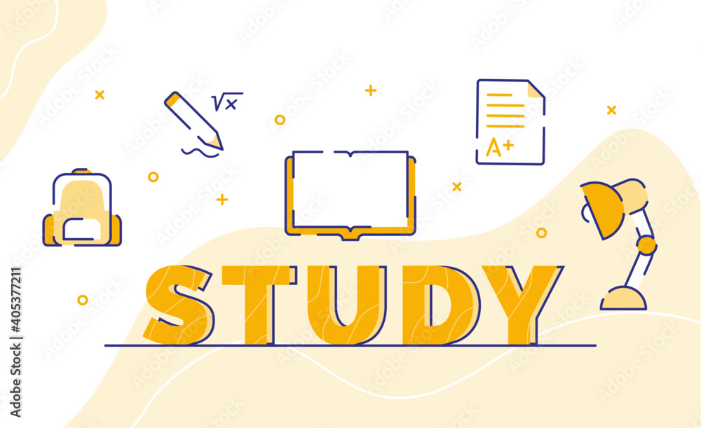 Poster study typography word art background of icon open book bag exam result desk lamp with outline style