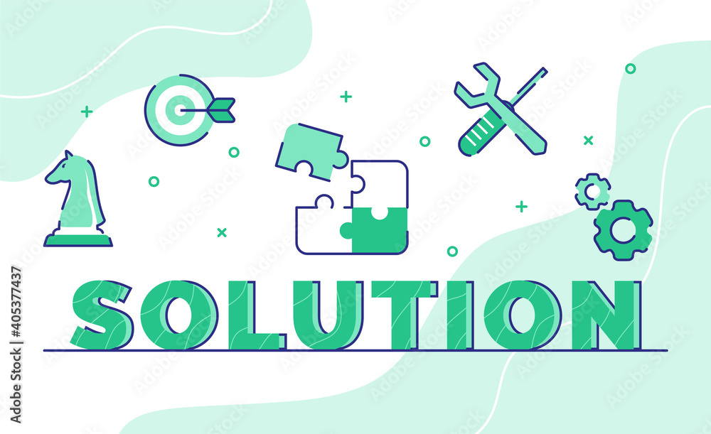 Poster solution typography word art background of icon chess dart puzzle wrench screwdriver gear with outli