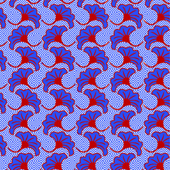 Naklejka premium Abstract Hand Drawing Ginkgo Leaves Repeating Vector Pattern with Geometric Labyrinth Striped Background