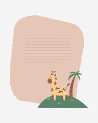 Vector children's card with a giraffe on the island. Text templates for children's party, baby shower, cards, invitations, diplomas.