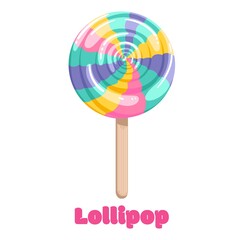 Bright colored lollipop. Sweet dessert for kids. Candy on a stick. Rainbow spiral. Isolated cartoon illustration