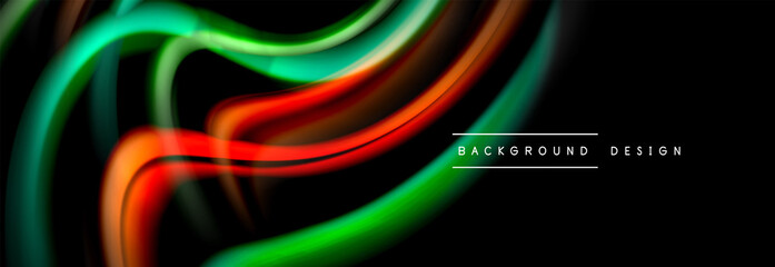 Dynamic motion abstract background. Color blurred stripes on black. Wave liquid lines poster. Vector illustration