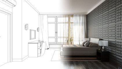 interior contour visualization, 3D illustration, sketch, outline