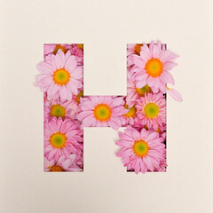 Font design, Abstract alphabet font with pink flower, realistic typography - H