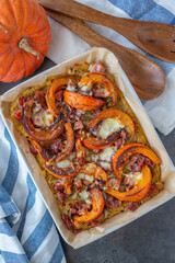 healthy baked pumpkin polenta pizza with cheese