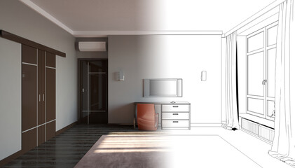 interior contour visualization, 3D illustration, sketch, outline