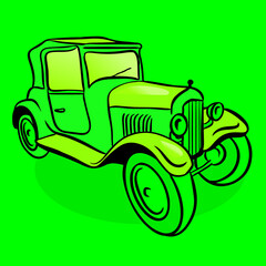 Retro car sketch on green background. Vintage vector illustration.