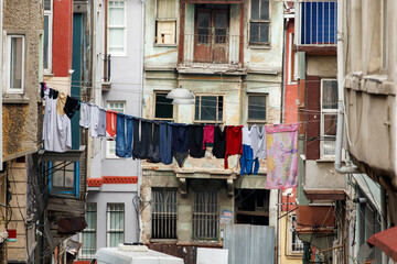Laundry hanging out of a typical Istanbul facade. Beyoglu district.