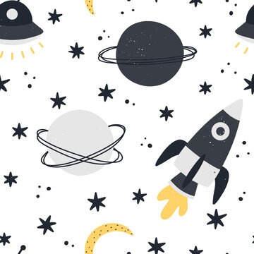 Cute space seamless pattern with rocket, moon, planets and stars isolated on white background. Childish hand drawn Scandinavian style vector illustration.