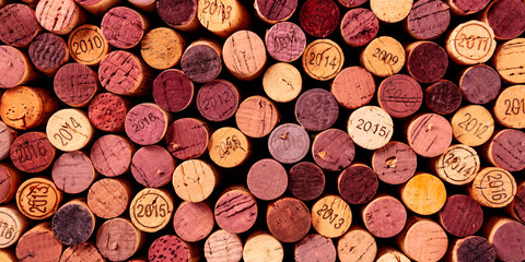 Wine corks panoramic background, shot from above