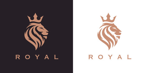 Royal Lion crown logo template. Elegant gold Leo crest symbol. Premium king brand identity icon. Luxury company sign. Vector illustration.