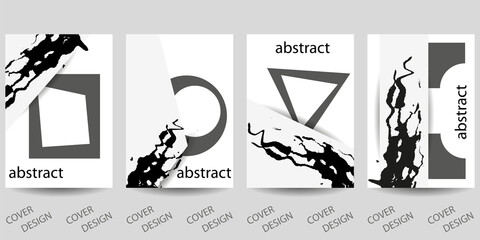 Trendy template for design cover, poster, flyer. Layout set for sales, presentations. Black and white minimalistic background with paper cut effect and brush strokes. Vector. A4