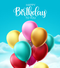 Happy birthday balloons vector design. Birthday text with colorful bunch of flying balloon elements for birthday party celebrations and invitation card. Vector illustration 