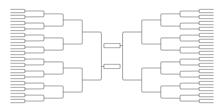 64 team tournament bracket championship template flat style design vector illustration isolated on white background. Championship bracket schedule for soccer, football, basketball, baseball or tennis.