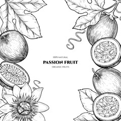 Vector frame with passion fruit. Hand drawn. Vintage style