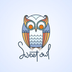 Sweet owl logo. Doodel isolated emblem design. Kids education symbol