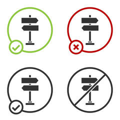 Black Road traffic sign. Signpost icon isolated on white background. Pointer symbol. Isolated street information sign. Direction sign. Circle button. Vector Illustration.
