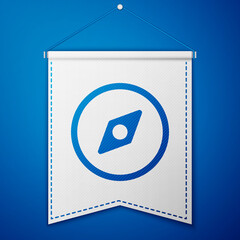 Blue Compass icon isolated on blue background. Windrose navigation symbol. Wind rose sign. White pennant template. Vector Illustration.