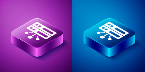 Isometric Server, Data, Web Hosting icon isolated on blue and purple background. Square button. Vector.