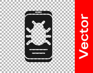 Black System bug on mobile icon isolated on transparent background. Code bug concept. Bug in the system. Bug searching. Vector.