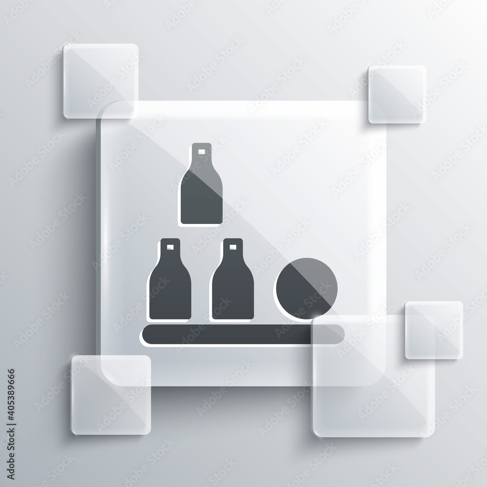 Sticker grey bottles ball icon isolated on grey background. square glass panels. vector.