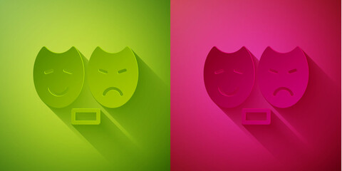 Paper cut Comedy and tragedy theatrical masks icon isolated on green and pink background. Paper art style. Vector.