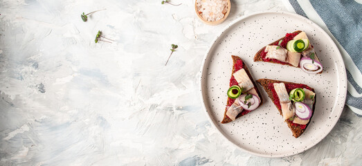 Top view of the open sandwich with slices of pickled Atlantic herring fillet, beetroot salad, green cucumber, onion and microgreen. Long banner format. space for text