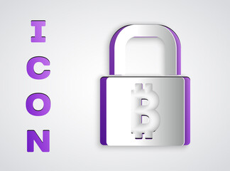 Paper cut Lock with bitcoin icon isolated on grey background. Cryptocurrency mining, blockchain technology, security, protect, digital money. Paper art style. Vector.