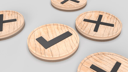 right and wrong symbol on wooden plate 3d rendering.