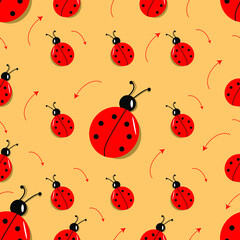 Large and small ladybugs on an orange background. Seamless natural pattern. Eco-friendly vector drawing on the theme of nature conservation.