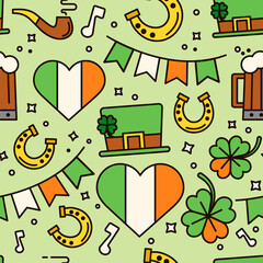 Saint Patrick's day sticker pack. Gift card, design for celebrities with beer, leprechaun hats, gold, Irish flag and quatrefoil. Holiday poster, greeting banner, trendy t-shirt print. Green background