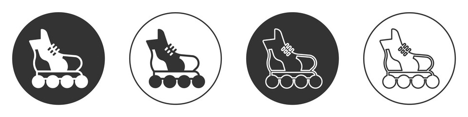 Black Roller skate icon isolated on white background. Circle button. Vector.
