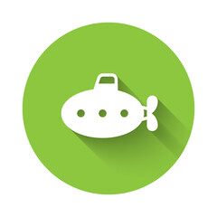 White Submarine toy icon isolated with long shadow. Green circle button. Vector.