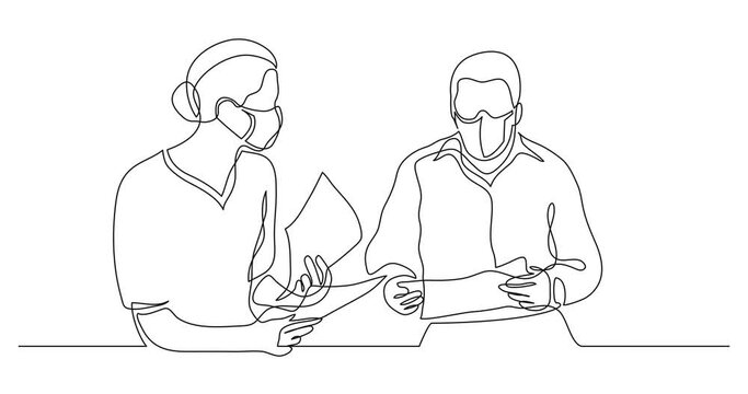 Self drawing continuous line animation of adult man and woman wearing face masks having conversation together