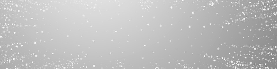 Amazing falling stars Christmas background. Subtle flying snow flakes and stars on grey background. Captivating winter silver snowflake overlay template. Bewitching panoramic illustration.
