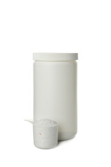 Plastic bottle and scoop with washing powder isolated on white background