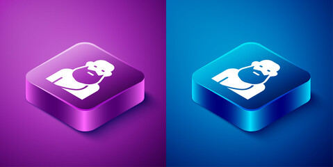 Isometric Socrates icon isolated on blue and purple background. Sokrat ancient greek Athenes ancient philosophy. Square button. Vector.