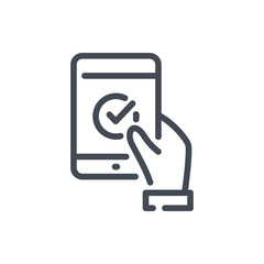 Online feedback line icon. Hand with mobile phone and check mark vector outline sign.