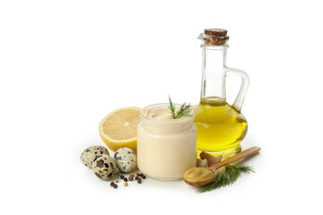 Bowl with mayonnaise and ingredients isolated on white background