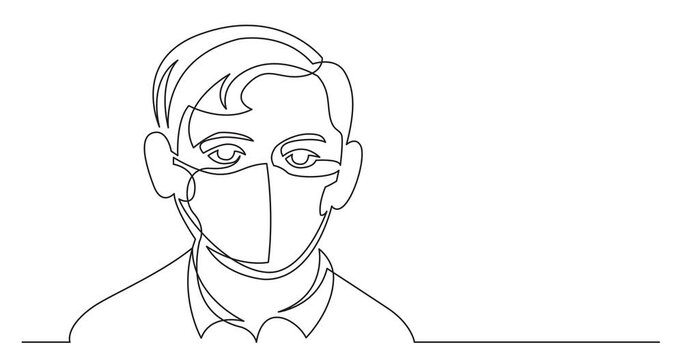 Self drawing continuous line animation of boy wearing face mask on white background