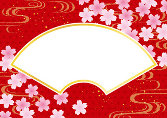 桜の花と流水紋と扇の和風フレーム