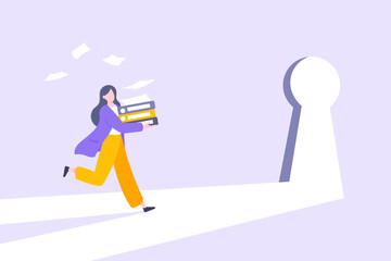 Business key opportunity concept with keyhole and ambitious woman running to career potential and work financial success flat style vector illustration. New way business beginnings and unlock future.