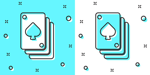 Black line Playing cards icon isolated on green and white background. Casino gambling. Random dynamic shapes. Vector.