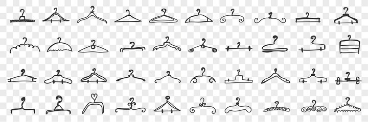Various clothes hangers doodle set. Collection of hand drawn elegant hangers for clothing of different shapes and styles isolated on transparent background. Illustration of fashion accessories