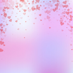 Red heart love confettis. Valentine's day falling rain attractive background. Falling transparent hearts confetti on gentle background. Creative vector illustration.