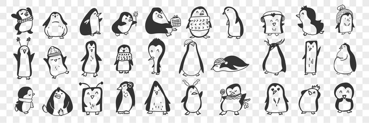 Penguin doodle set. Collection of funny hand drawn cute penguins animals in accessories doing everyday things enjoying life isolated on transparent background. Illustration for kids