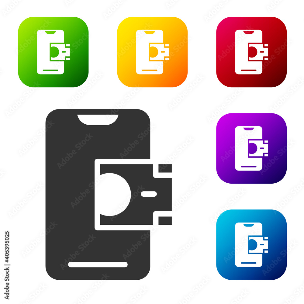 Poster black mobile banking icon isolated on white background. transfer money through mobile banking on the